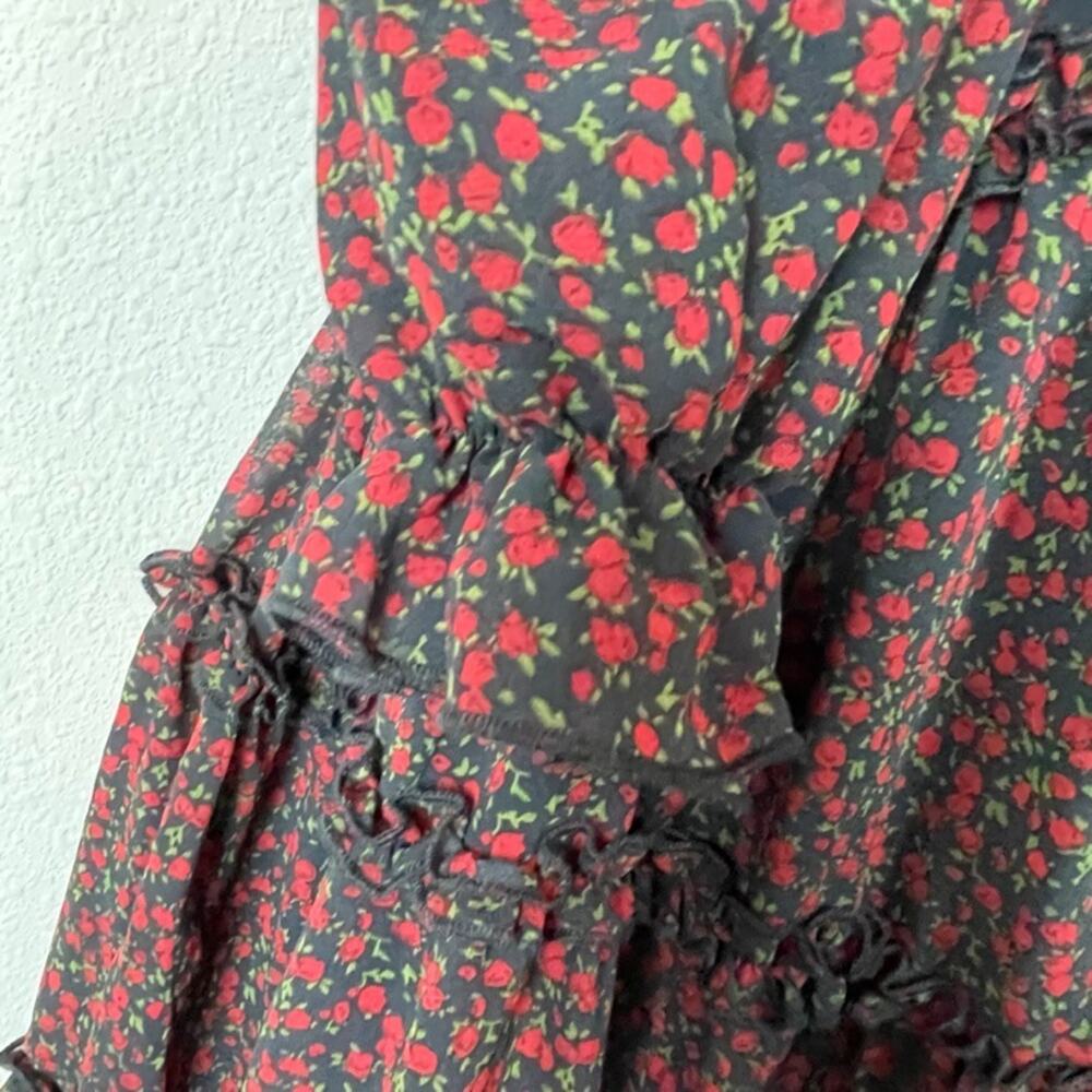 Marble Floral Ruffle Mini Dress S Black Red Open Back Coquette Fairycore Goth - Picture 6 of 9